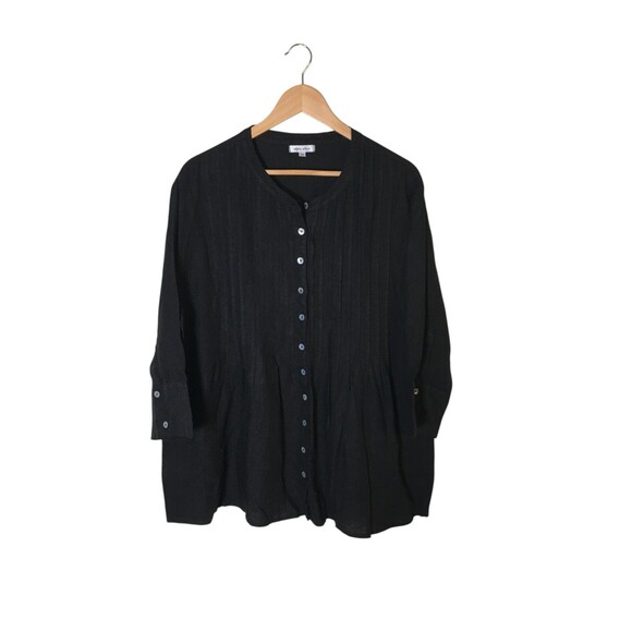 Allen Allen Top Women's Size 1X Black Button Up Long Sleeve Pleated 100% Linen - Picture 1 of 7